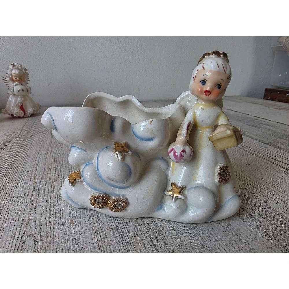 Vintage lefton 1957 Angel planter ceramic cherub girl lady gold 165 figurine